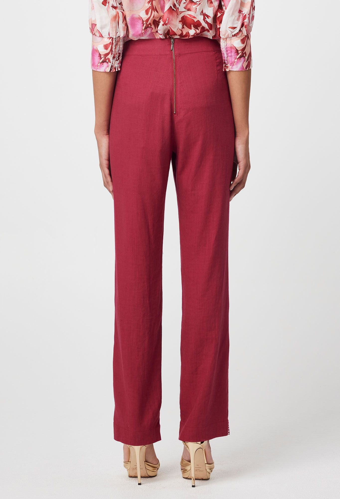 Once Was - Carlyle Embroidered Linen Viscose Pant - Crimson