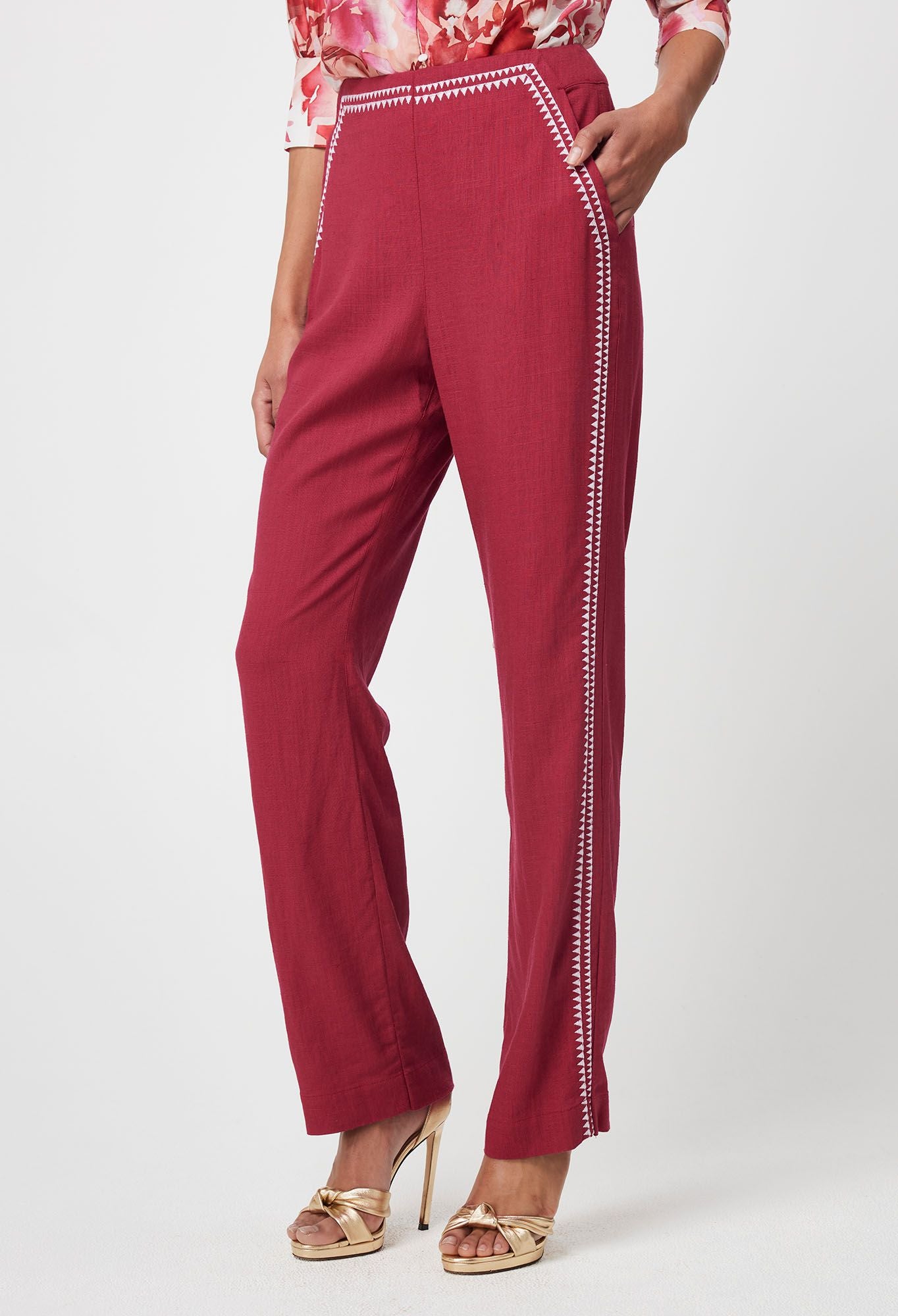 Once Was - Carlyle Embroidered Linen Viscose Pant - Crimson