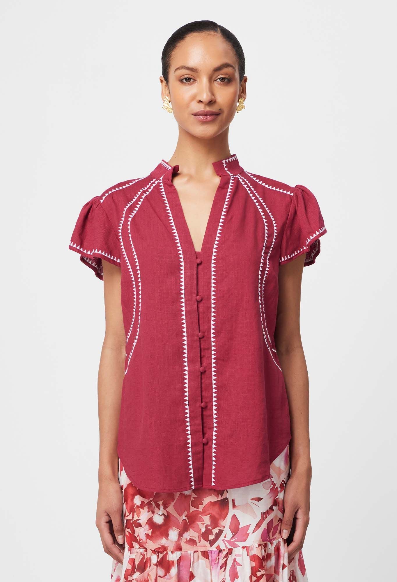Once Was - Carlyle Embroidered Linen Viscose Top - Crimson