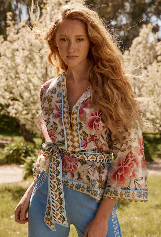 Once Was - Emery Cotton Silk Kaftan Tie Top - Azalea Fields