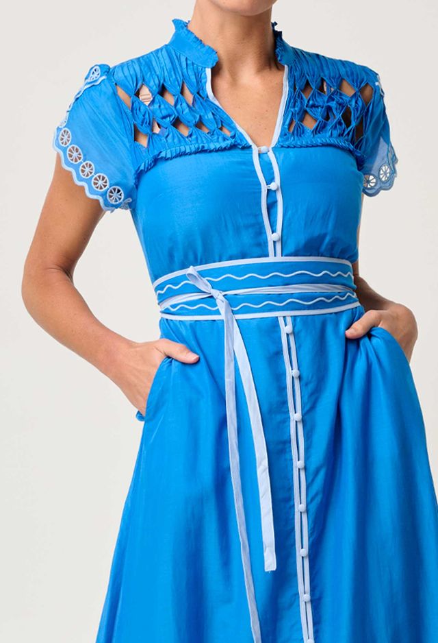 Once Was - Xanthia Diamond Smock Yoke Cotton Silk Dress - Blue Topaz