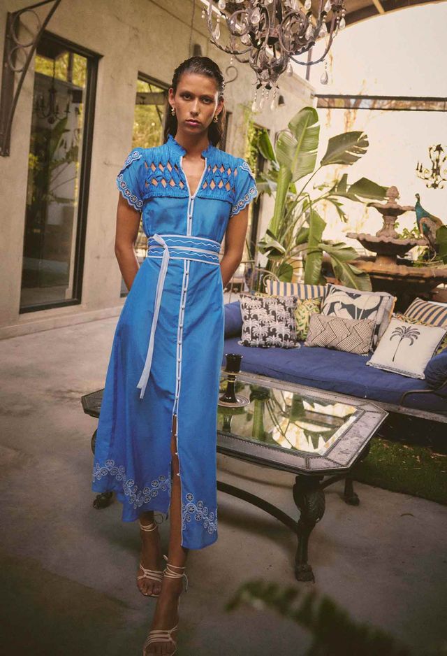 Once Was - Xanthia Diamond Smock Yoke Cotton Silk Dress - Blue Topaz