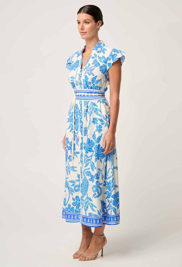 Once Was - Callista Viscose Dobby Petal Sleeve Dress - Azure Mosiac