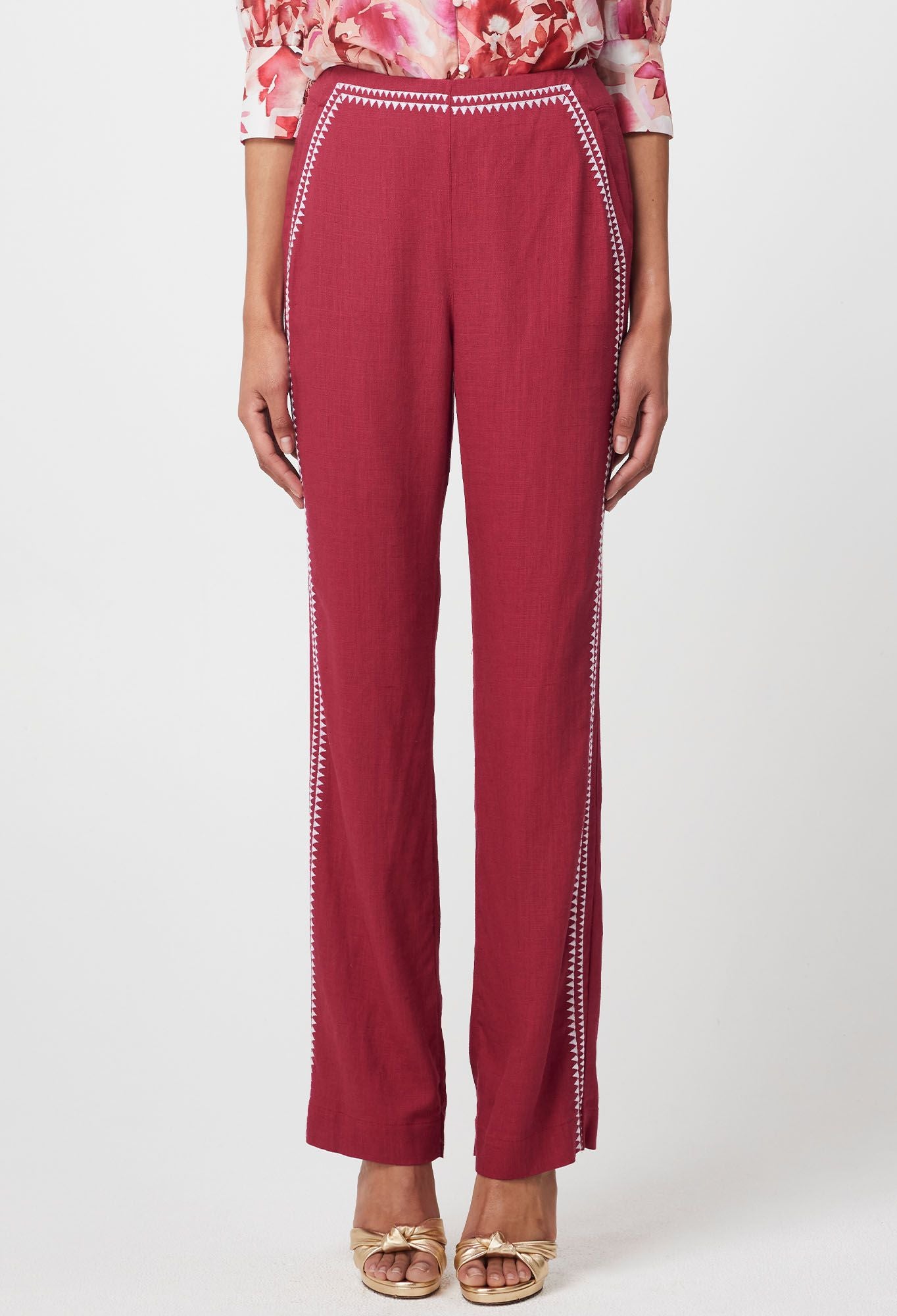 Once Was - Carlyle Embroidered Linen Viscose Pant - Crimson