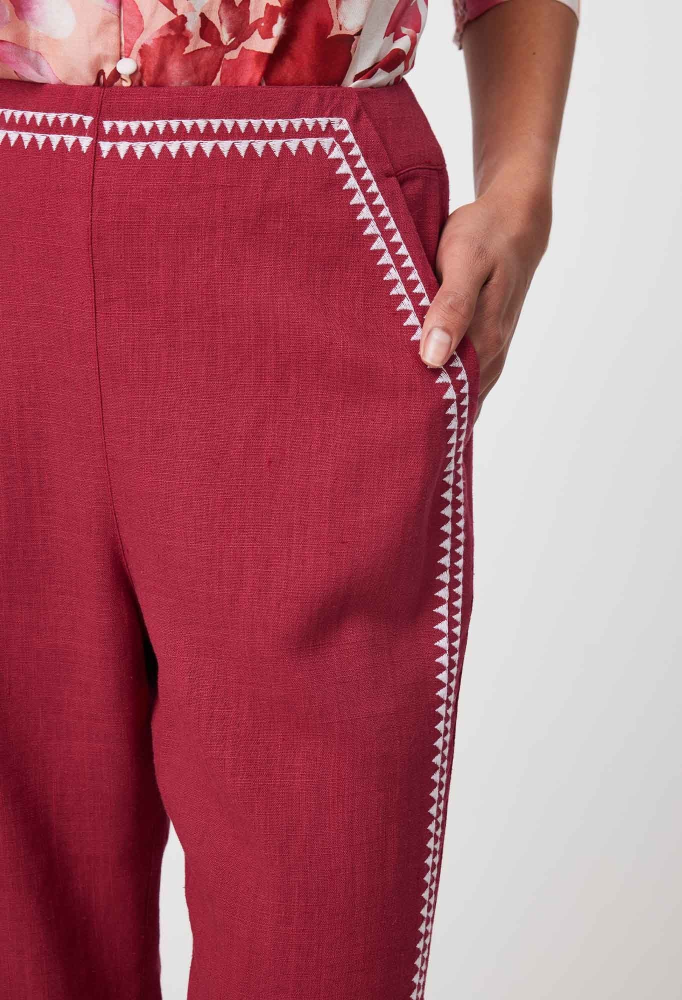 Once Was - Carlyle Embroidered Linen Viscose Pant - Crimson